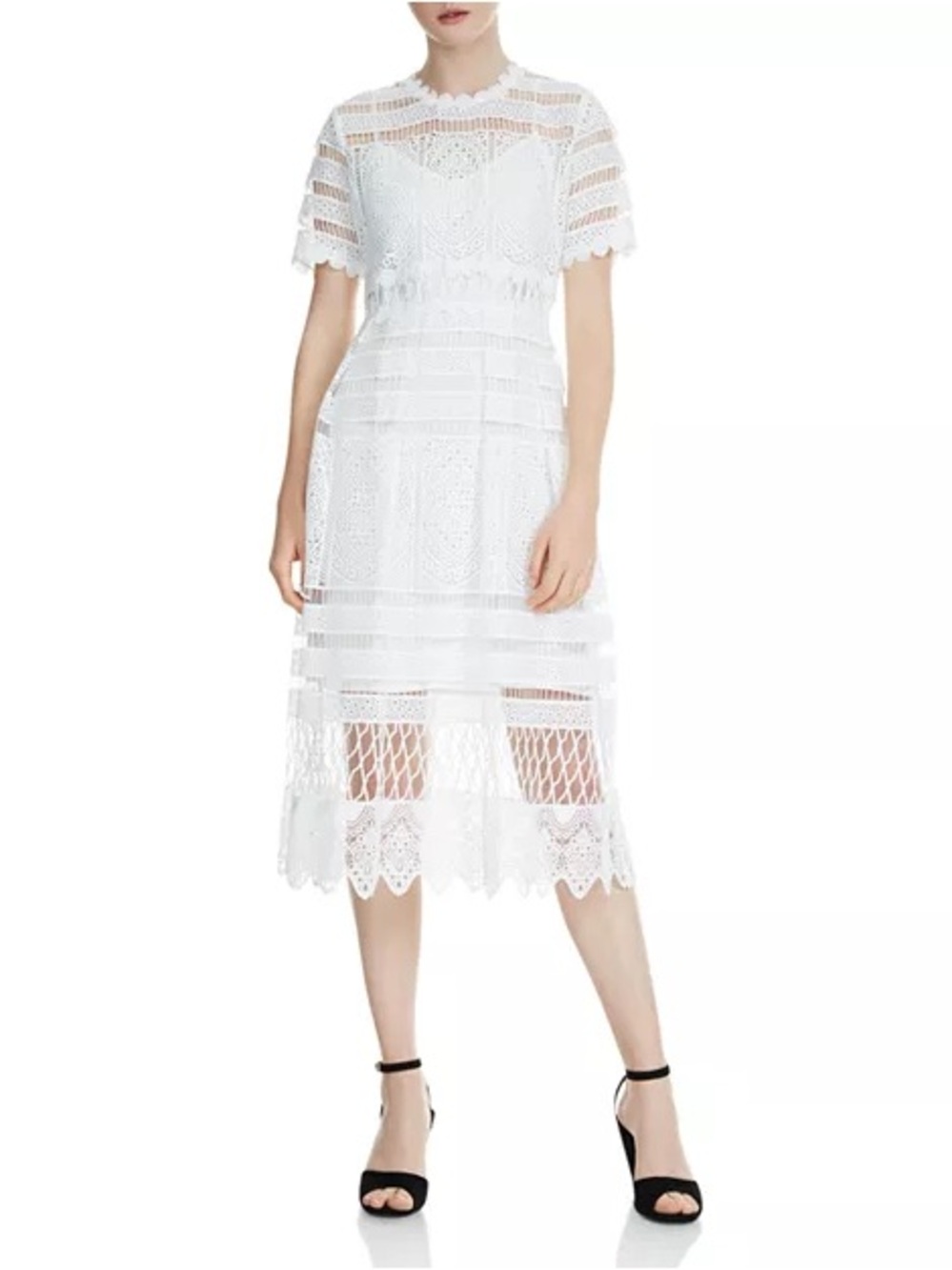 Gorgeous Maje Roseray White Lace Fit & Flare Midi Dress W Sheer Paneling, Lined